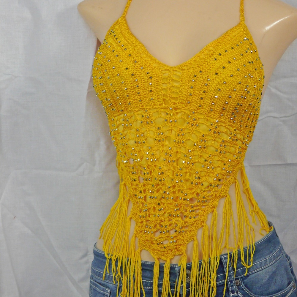 Women One Size Fits Most Yellow Crochet Halter Top